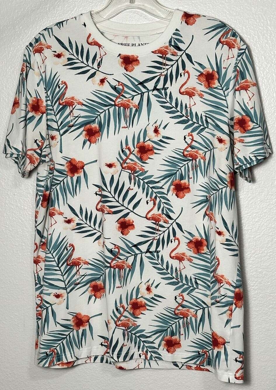 Free Planet Men’s Tropical Flamingo T-Shirt All-Over Print Short Sleeve Sz Small